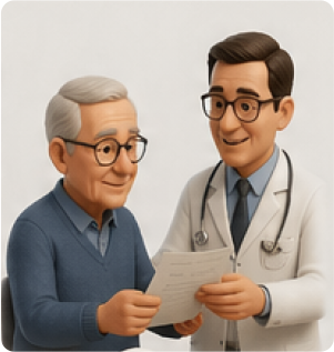 Médico orientando um paciente idoso