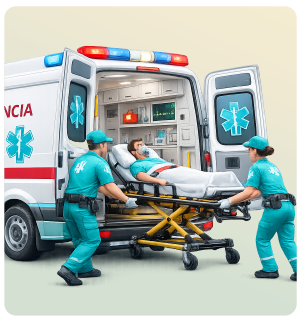 Equipe de socorristas atendendo paciente em ambulância