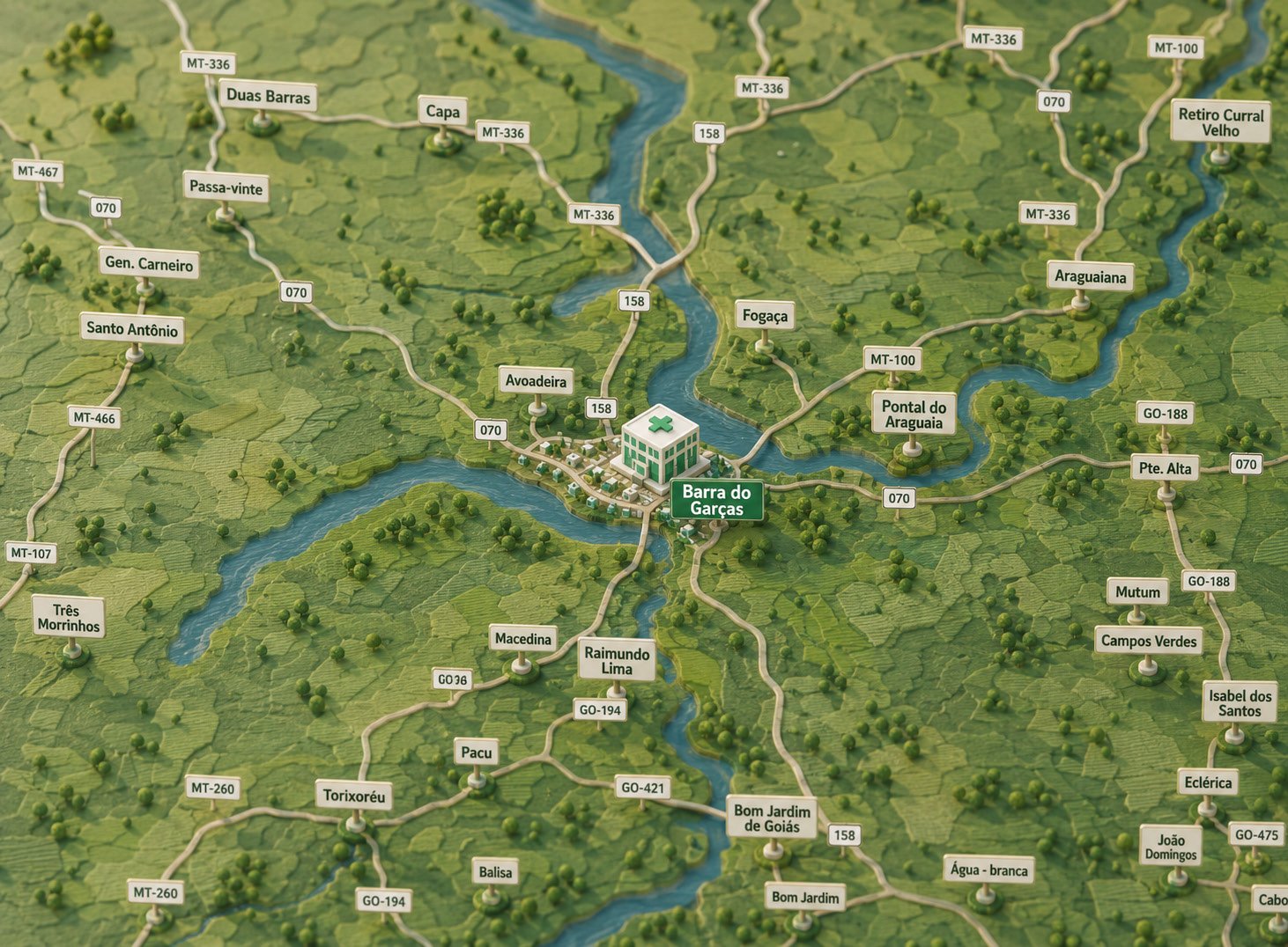 Mapa da região do Araguaia destacando Barra do Garças e os municípios vizinhos de Mato Grosso e Goiás